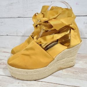 Tory Burch Elisa  gold satin Platform espadrille US W 6